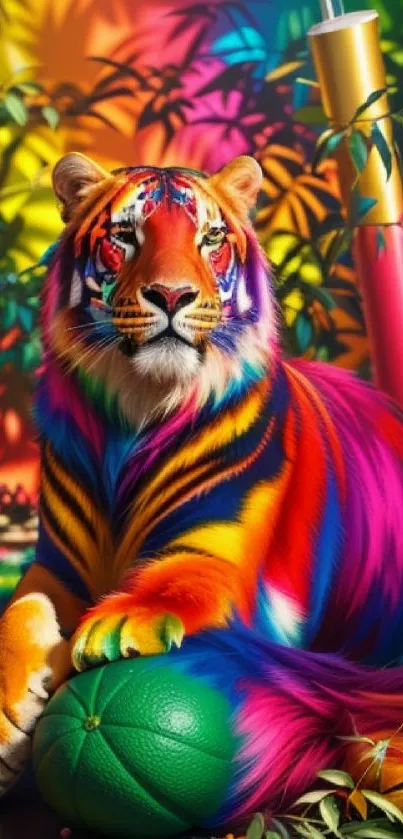 Vibrant rainbow tiger with colorful fur and jungle background.