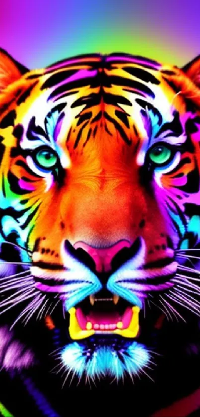 Vibrant rainbow-colored tiger illustration for mobile wallpaper.