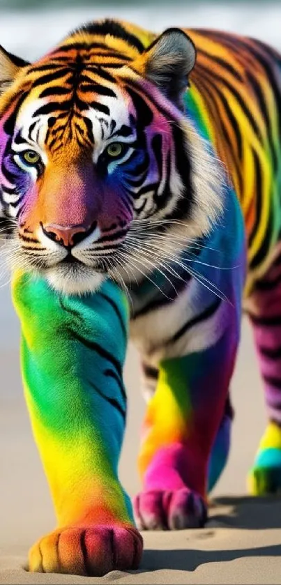 Vibrant rainbow-colored tiger walking on a beach.