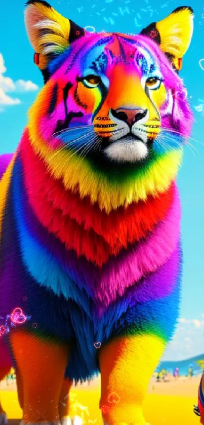 Colorful rainbow tiger duo in a sunny, tropical landscape wallpaper.