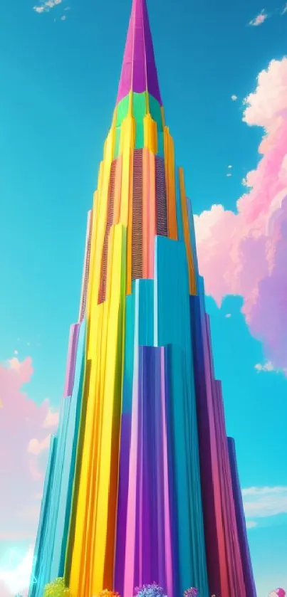 Colorful rainbow tower reaching into a vibrant sky.