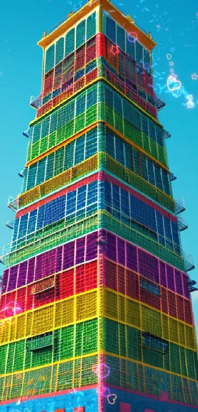 Colorful rainbow tower against a blue sky.