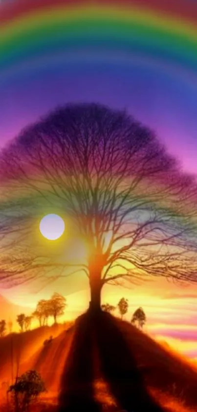 Vibrant tree with rainbow hues and sunset in background.