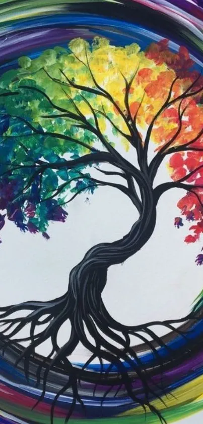 Colorful rainbow tree in abstract style wallpaper.