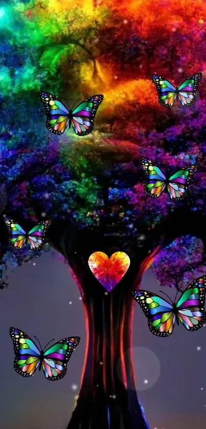 Colorful tree with rainbow and butterflies wallpaper.