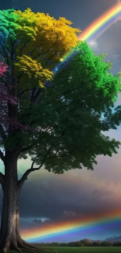 Colorful tree with rainbow sky, vibrant artistic wallpaper.