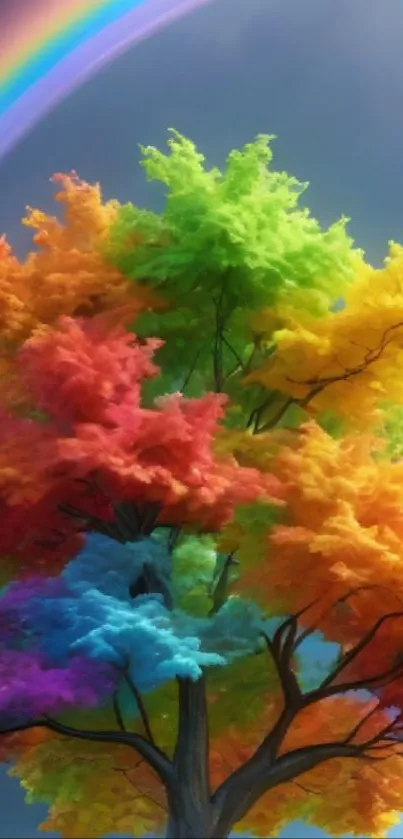 A vibrant tree with rainbow-colored leaves and a rainbow in the sky.