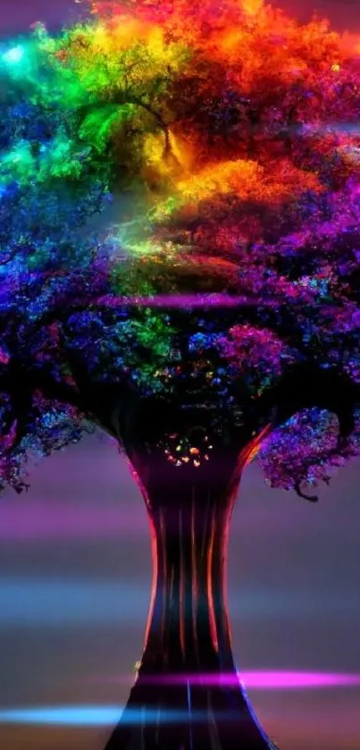 Vibrant indigo tree with rainbow leaves glowing brightly.