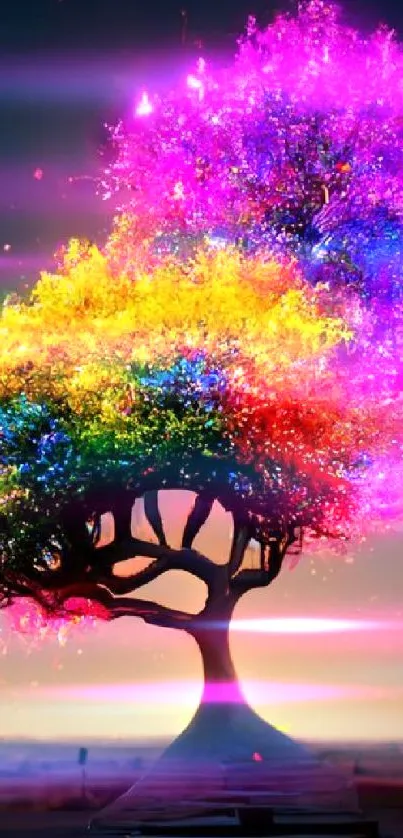 Vibrant rainbow-hued tree with colorful leaves against a serene dusk sky.