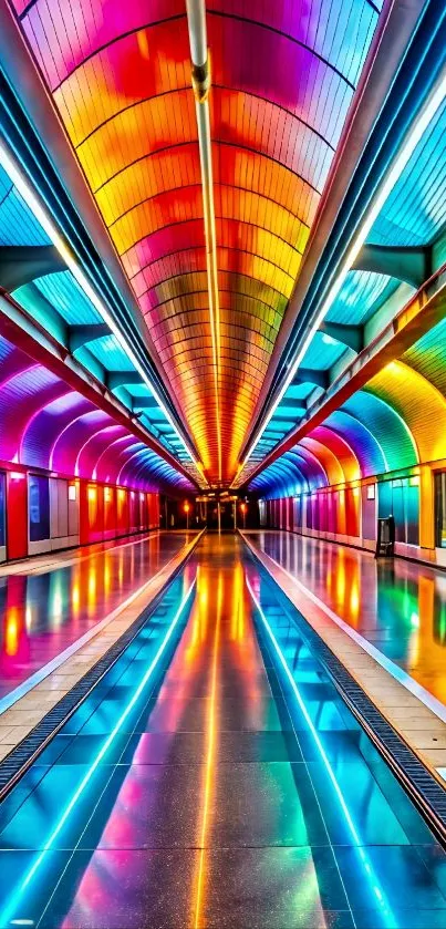 Vibrant rainbow tunnel with colorful reflections