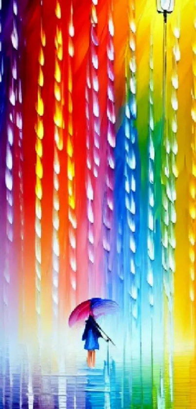 Vibrant rainbow with umbrellas and reflections in a stunning digital art display.