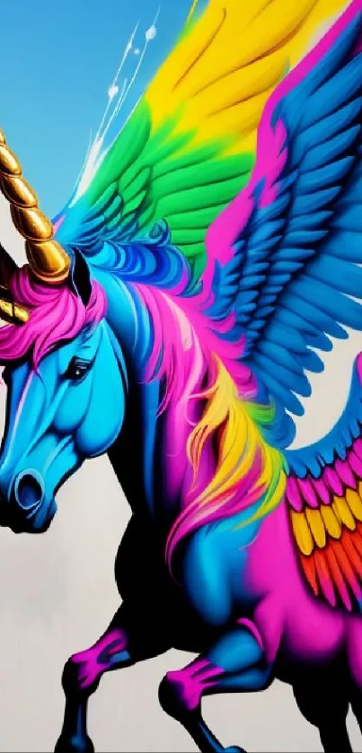 Vibrant unicorn with rainbow wings on a phone wallpaper.