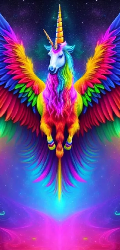 Vibrant rainbow unicorn with colorful wings.