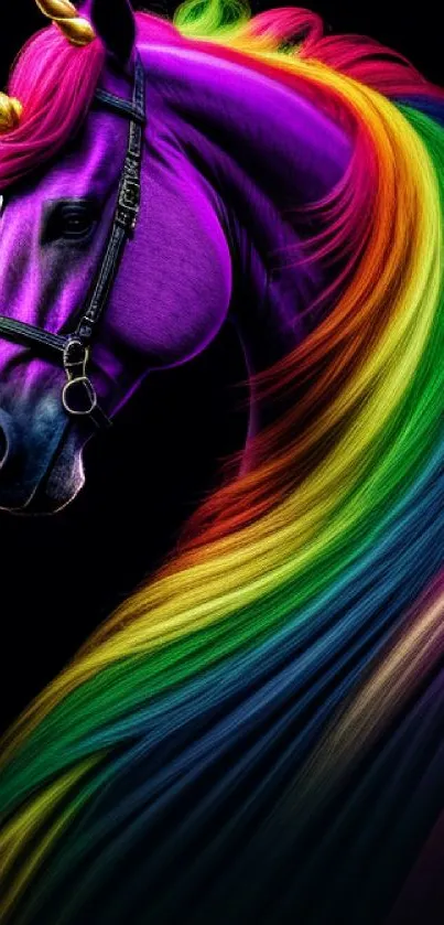 Colorful rainbow-haired unicorn on black background.