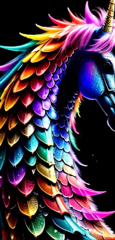 Vibrant rainbow-colored unicorn with scales and a majestic mane.