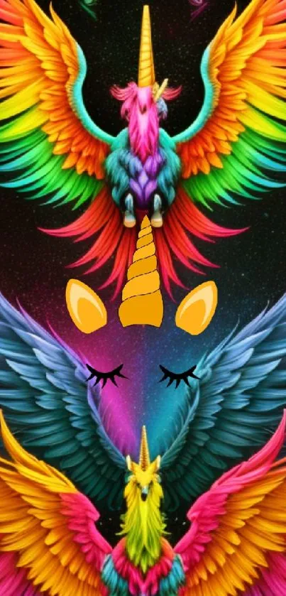 Mystical unicorn with colorful rainbow wings on a dark background.