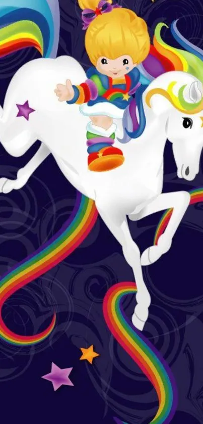 Whimsical wallpaper with rainbow unicorn and child on dark background.