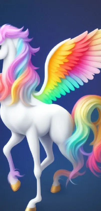 Vibrant winged unicorn with rainbow mane and golden hooves on a dark blue background.