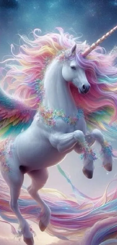 Enchanting unicorn with rainbow wings in a dreamy sky wallpaper.