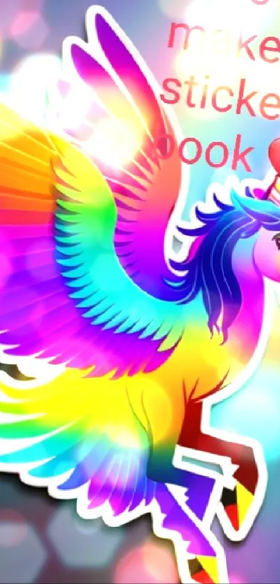 Vibrant rainbow unicorn with colorful wings and heart on wallpaper.