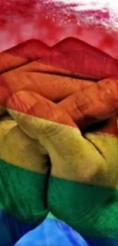 Interlocked hands with rainbow colors symbolizing unity.