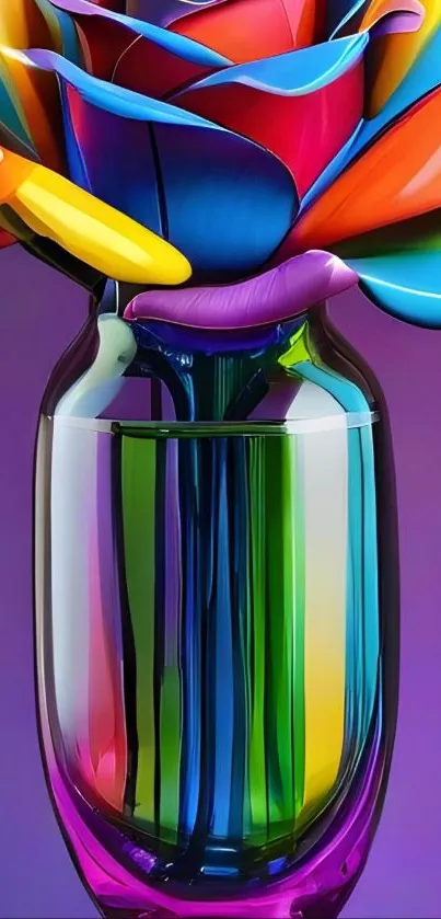 Vibrant rainbow-colored vase with abstract petals.