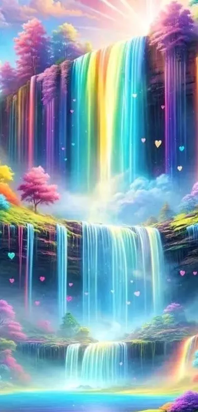 Vibrant rainbow waterfall in a fantasy landscape.
