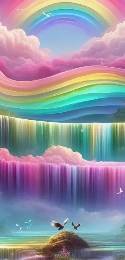 A vibrant fantasy scene with rainbow waterfalls and colorful sky.