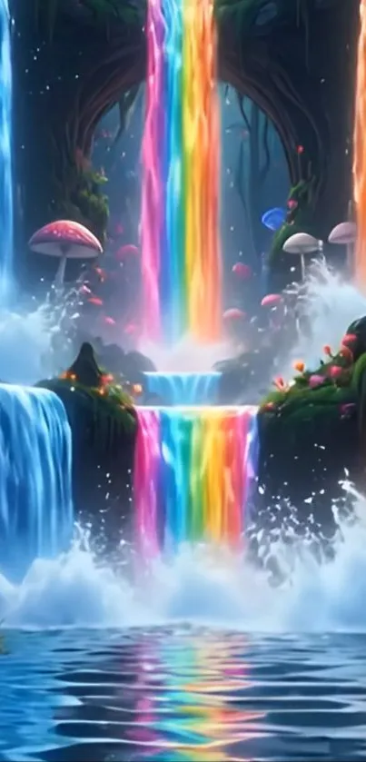 Vibrant rainbow waterfall in a fantasy landscape.