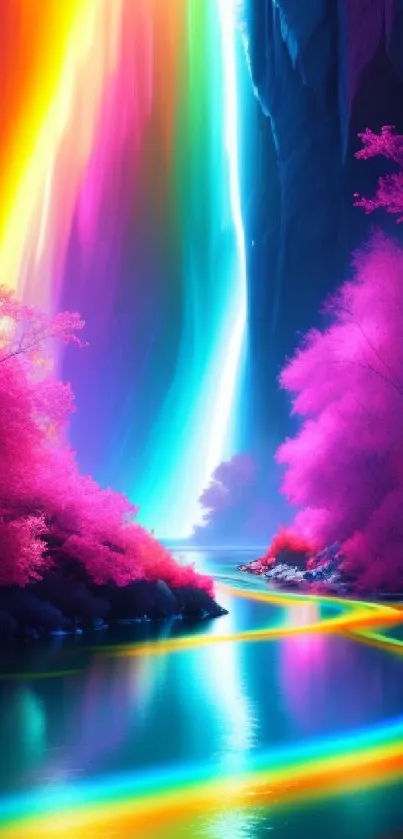 Vibrant rainbow waterfall with colorful foliage and a glowing river.