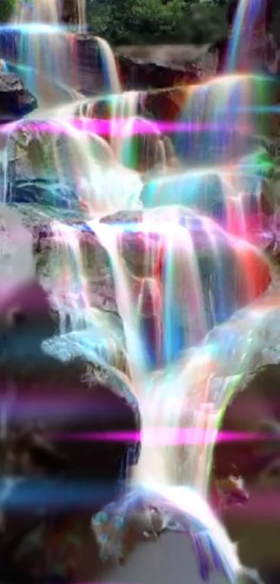 Vibrant wallpaper featuring a rainbow waterfall cascading over rocks.