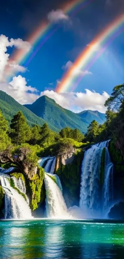Waterfall with greenery and rainbow in vibrant colors.