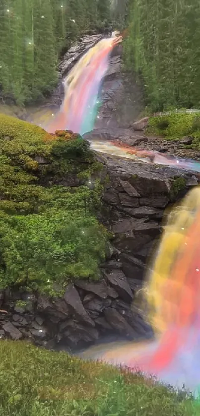 Vibrant rainbow waterfall amidst a lush forest landscape.