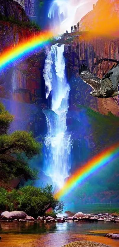 Colorful waterfall with rainbow in lush landscape.