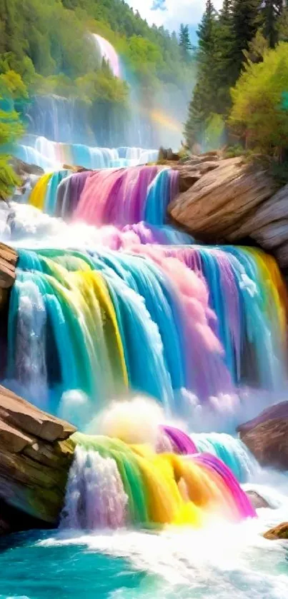Vibrant rainbow-colored waterfall amidst greenery in fantasy setting.