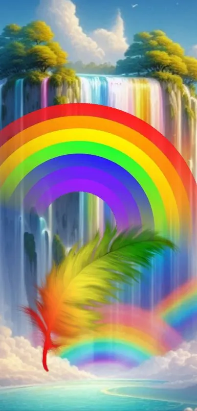 Vibrant rainbow over a scenic waterfall in a fantasy landscape.