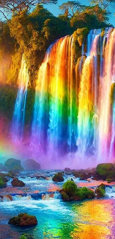 Rainbow waterfall in lush green landscape.