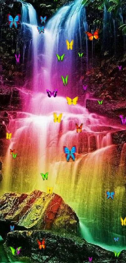 Colorful rainbow waterfall cascading over rocks in a vibrant nature setting.