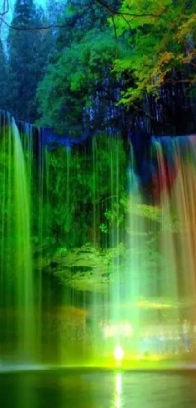 Vibrant rainbow waterfall with lush green and colorful streams.