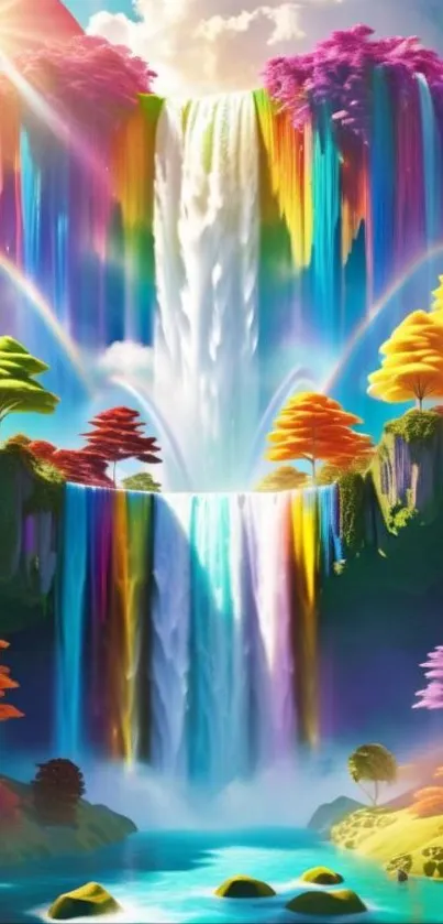 Vibrant rainbow waterfall with colorful trees and serene pool.