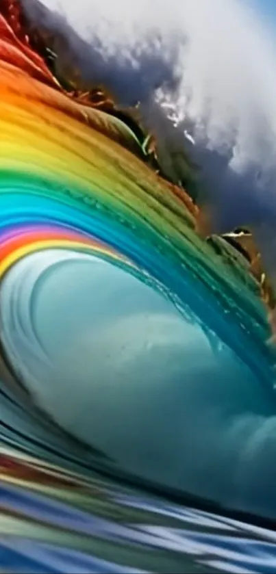 Colorful and vibrant rainbow wave in the ocean.