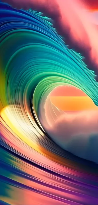 Vibrant rainbow wave with teal and pink hues.