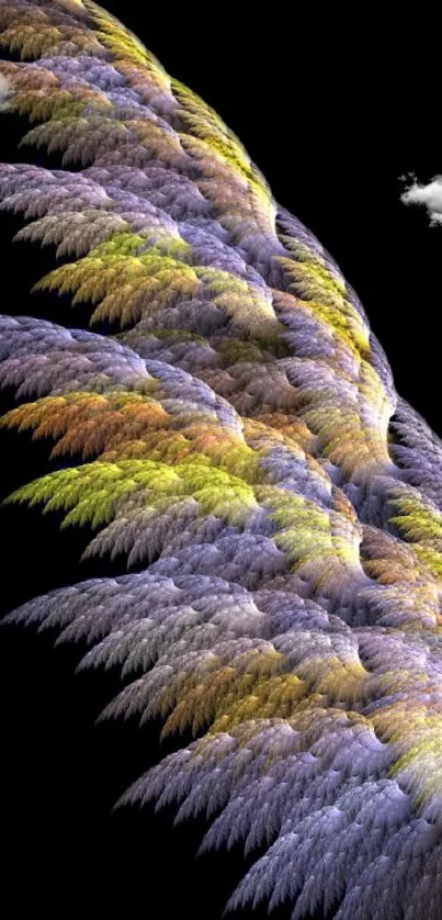 Colorful fractal wing on black background with cloud accents.