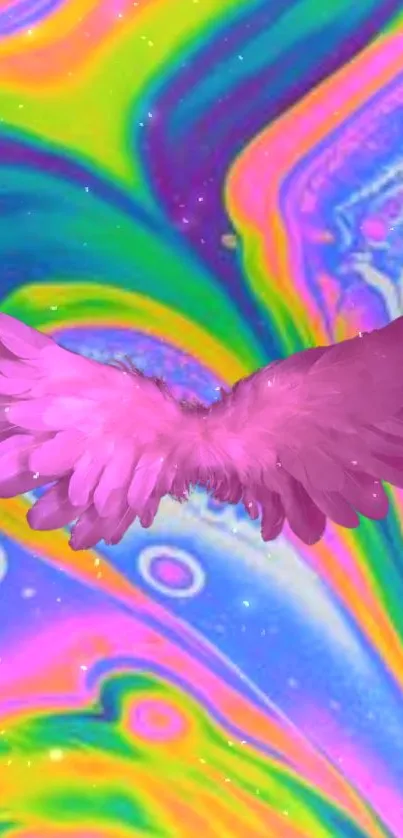 Pink wings on a colorful psychedelic background.