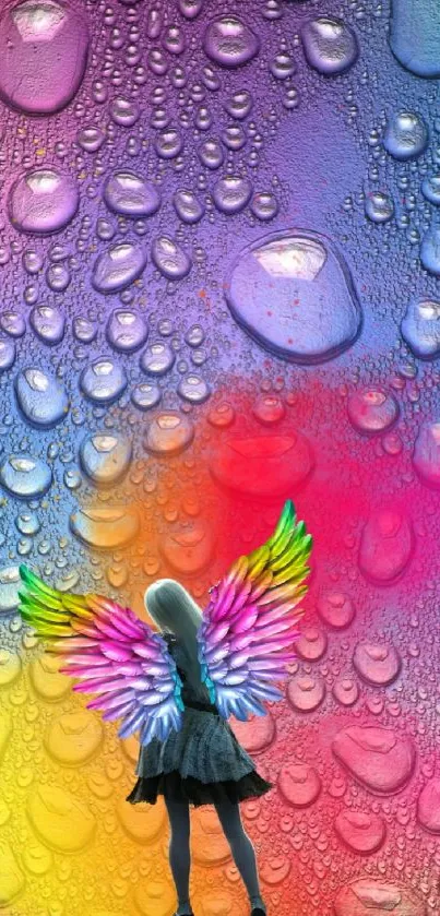 Fantasy wallpaper of rainbow wings and vibrant droplets.