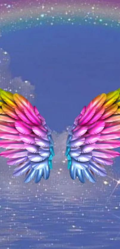 Vibrant rainbow angel wings with purple sky.