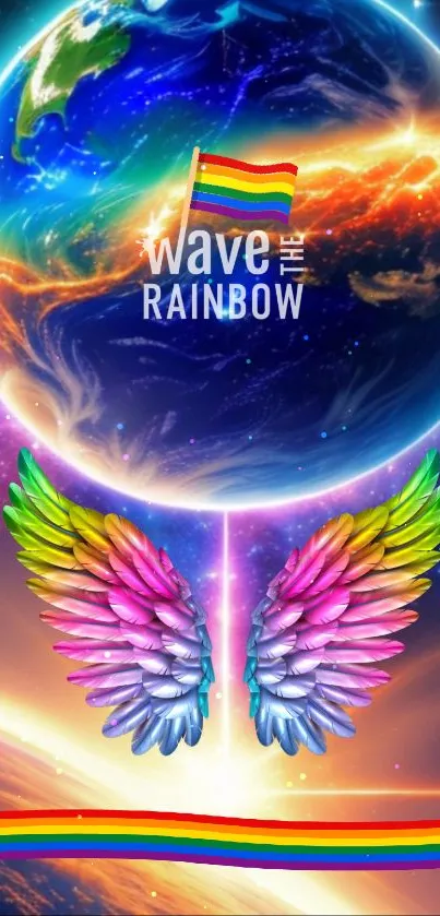 Colorful rainbow wings on cosmic background mobile wallpaper.