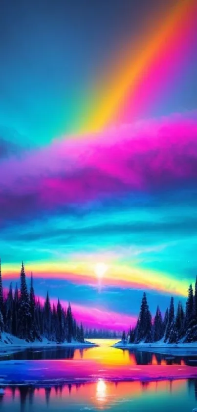 Vibrant rainbow over snowy winter lake with colorful sky.