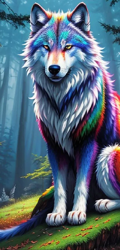 Vibrant rainbow-colored wolf in a serene forest.