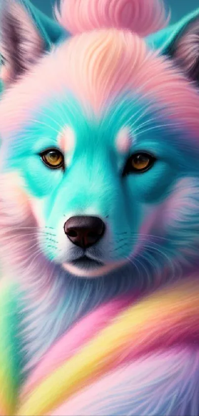 Colorful wolf in rainbow hues, vibrant art wallpaper.